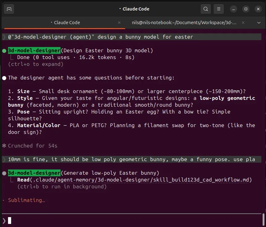 Claude Code terminal: agent asking clarifying questions before generating a low-poly Easter bunny 3D model