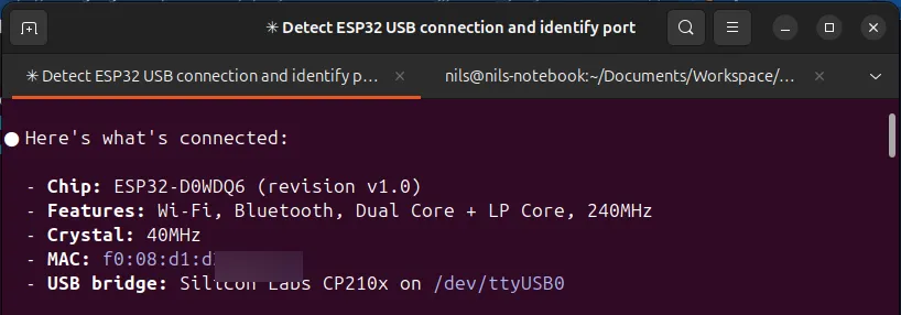 Claude Code detecting the ESP32 via USB: chip type, features, MAC address, and serial port