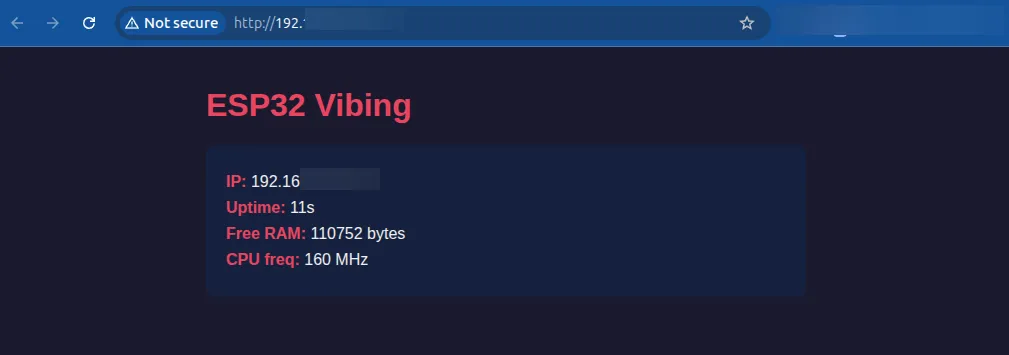 First version of the ESP32 blog: system stats showing IP, uptime, free RAM, and CPU frequency
