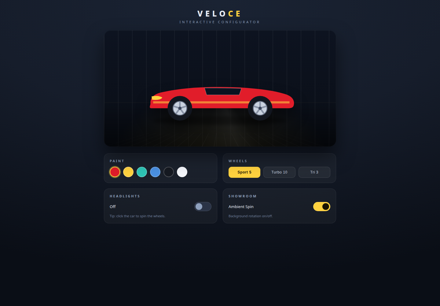 Rendered Qwen 3.8 sports-car configurator with paint swatches, wheel controls, and headlight toggle
