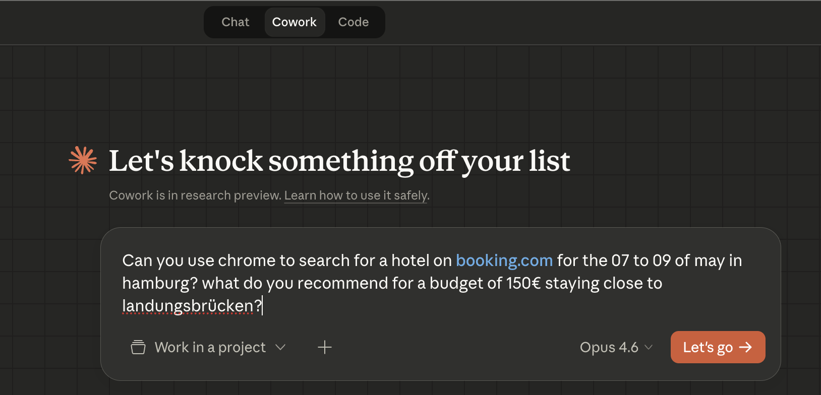 Typing the hotel search prompt