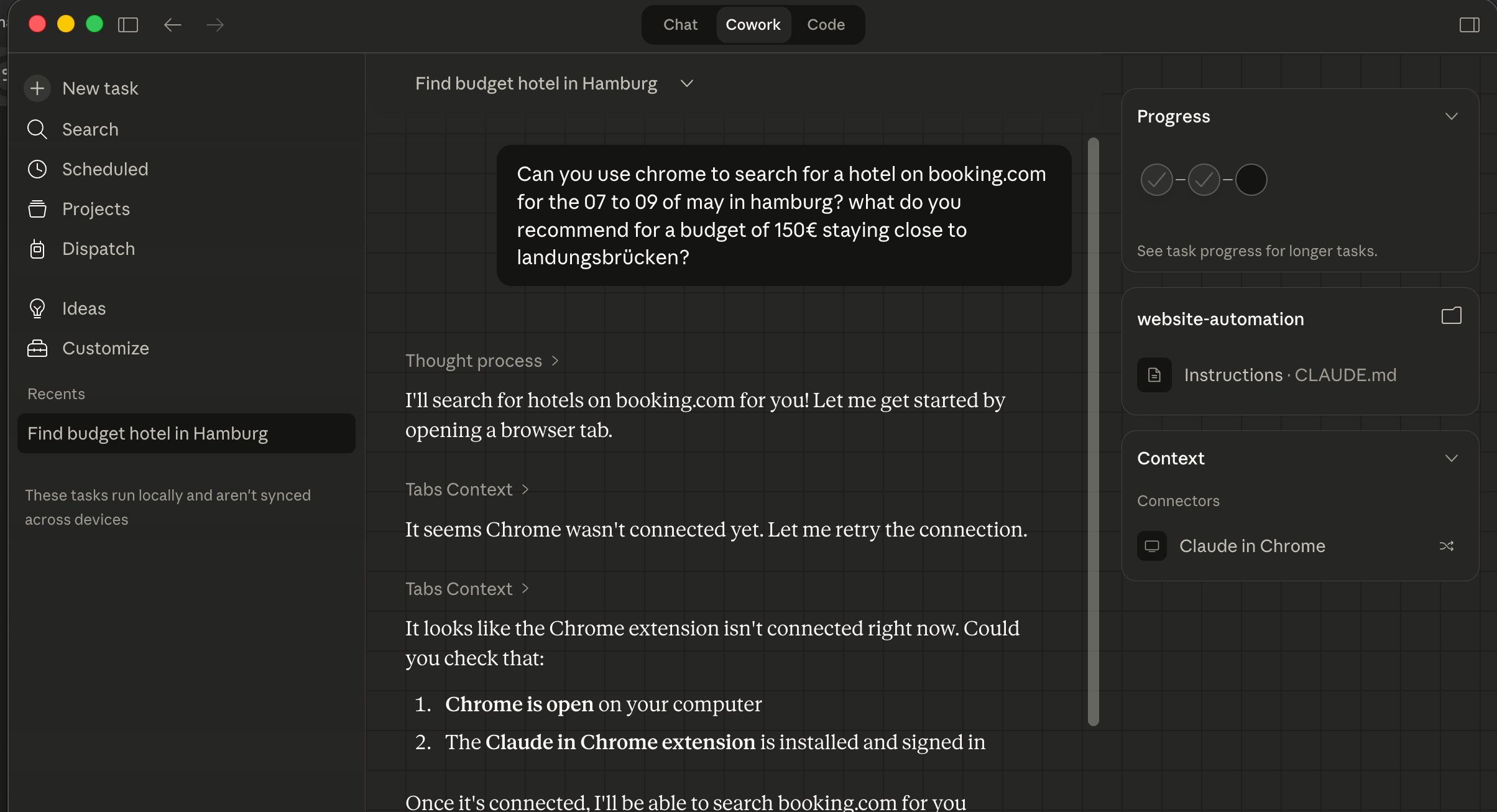 Claude trying to connect to Chrome