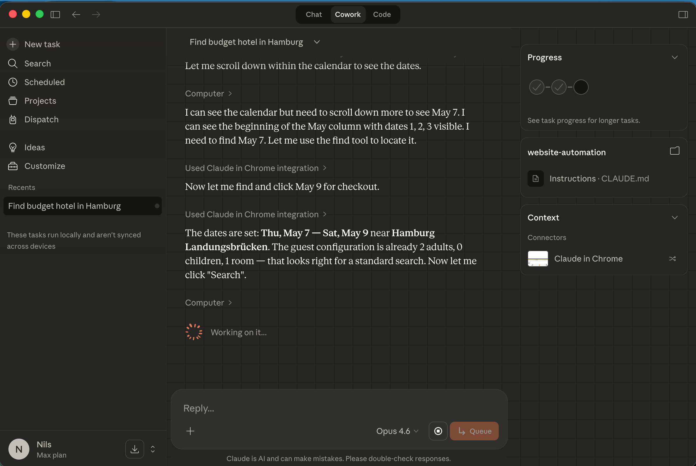Claude navigating booking.com and selecting dates