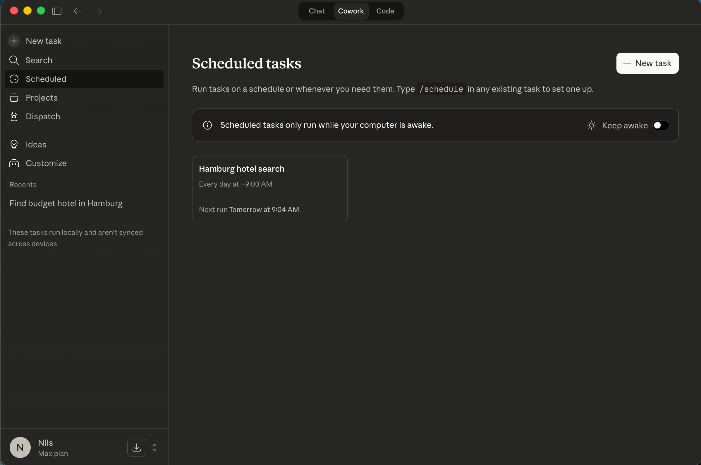 Scheduled tasks overview showing the daily hotel search