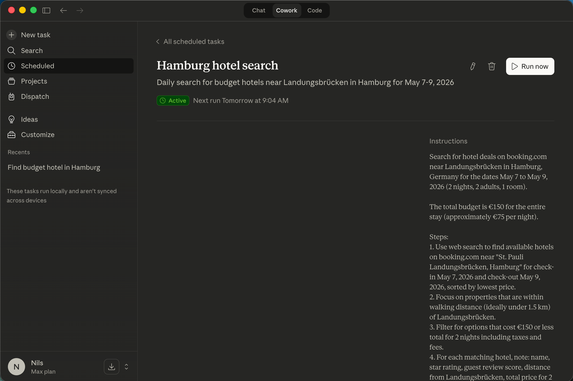 Detailed view of the scheduled hotel search task