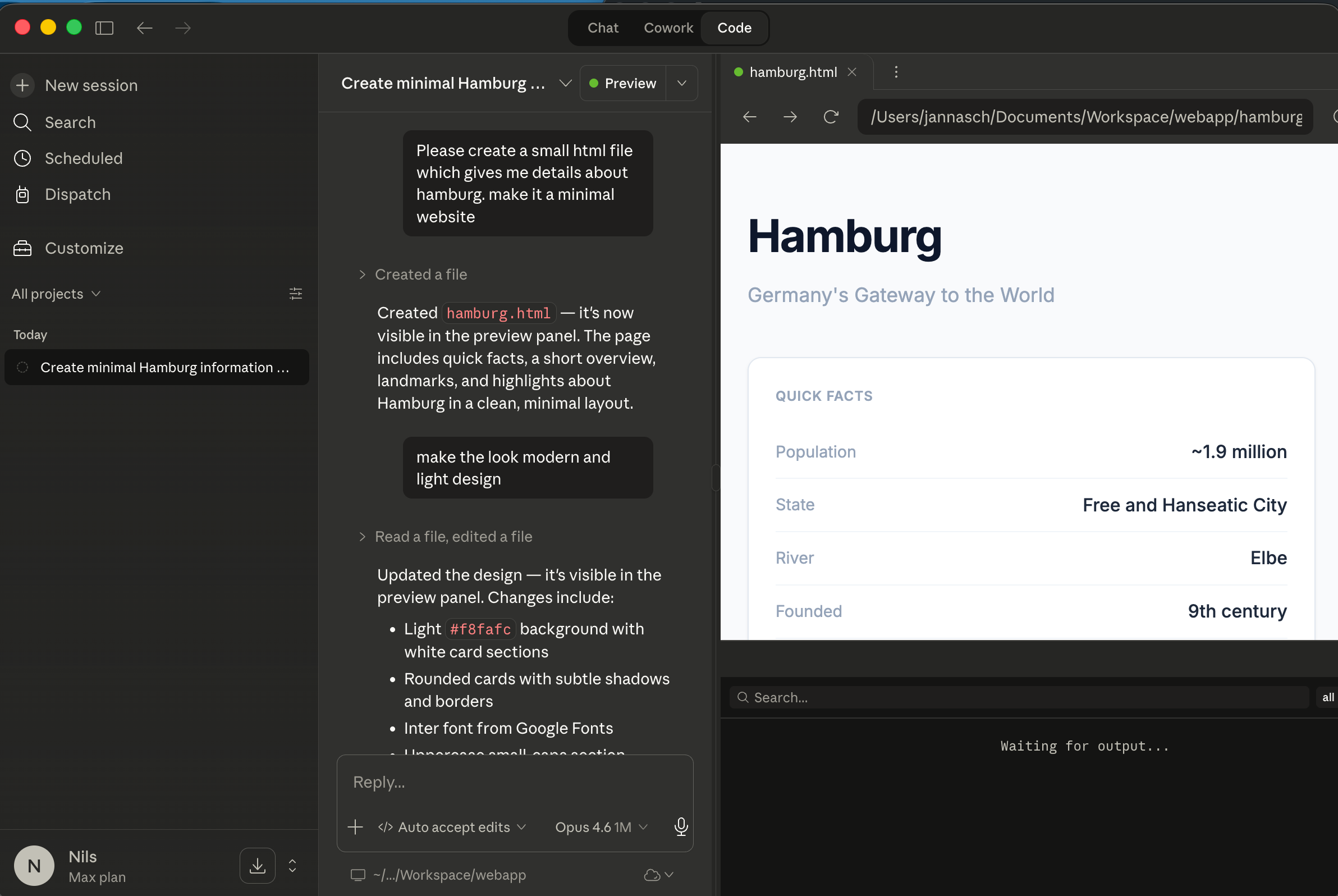 Code mode building a Hamburg info website with live preview