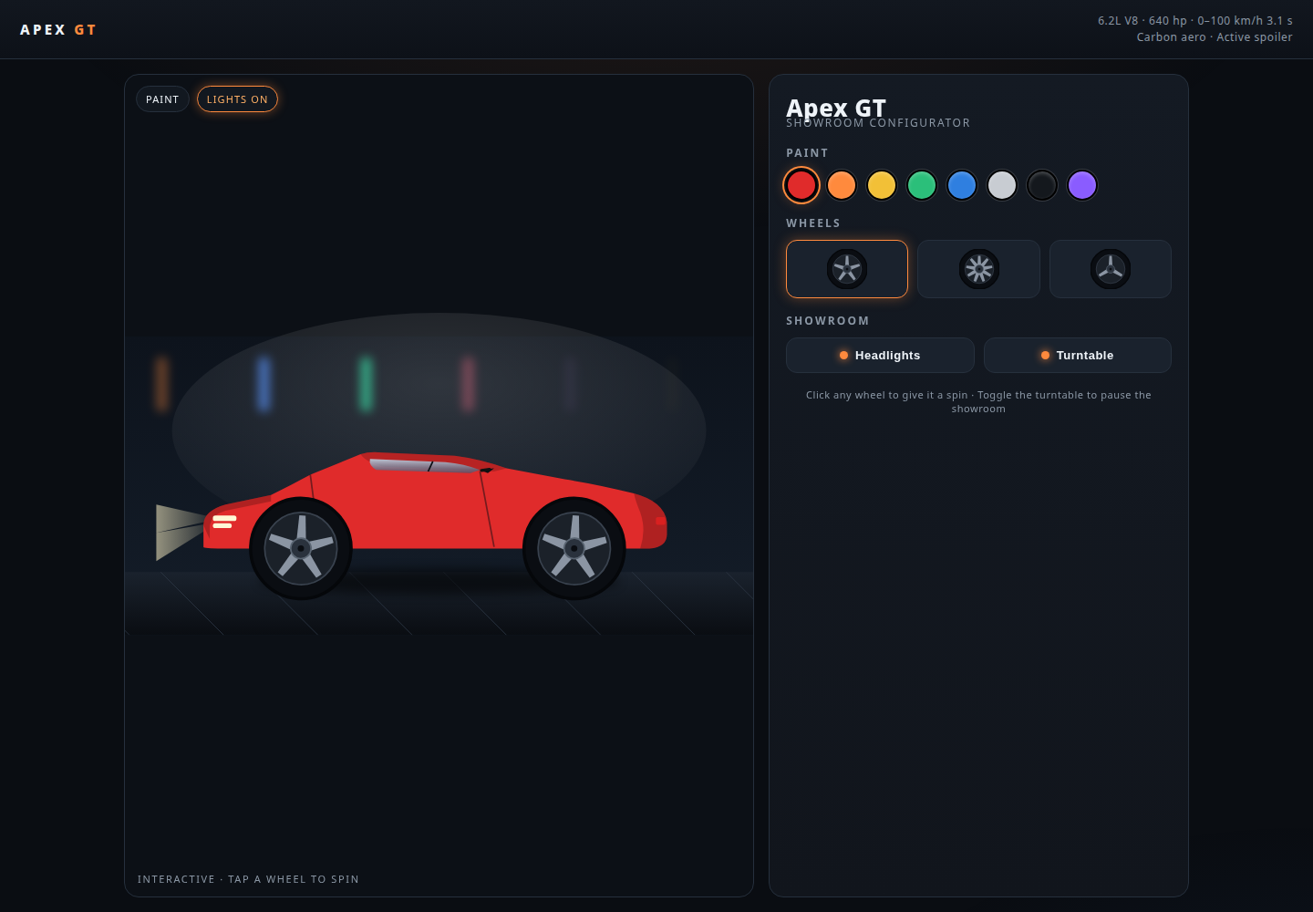 Rendered Qwen 3.8 sports-car configurator generated on the RTX 5090 AI Box