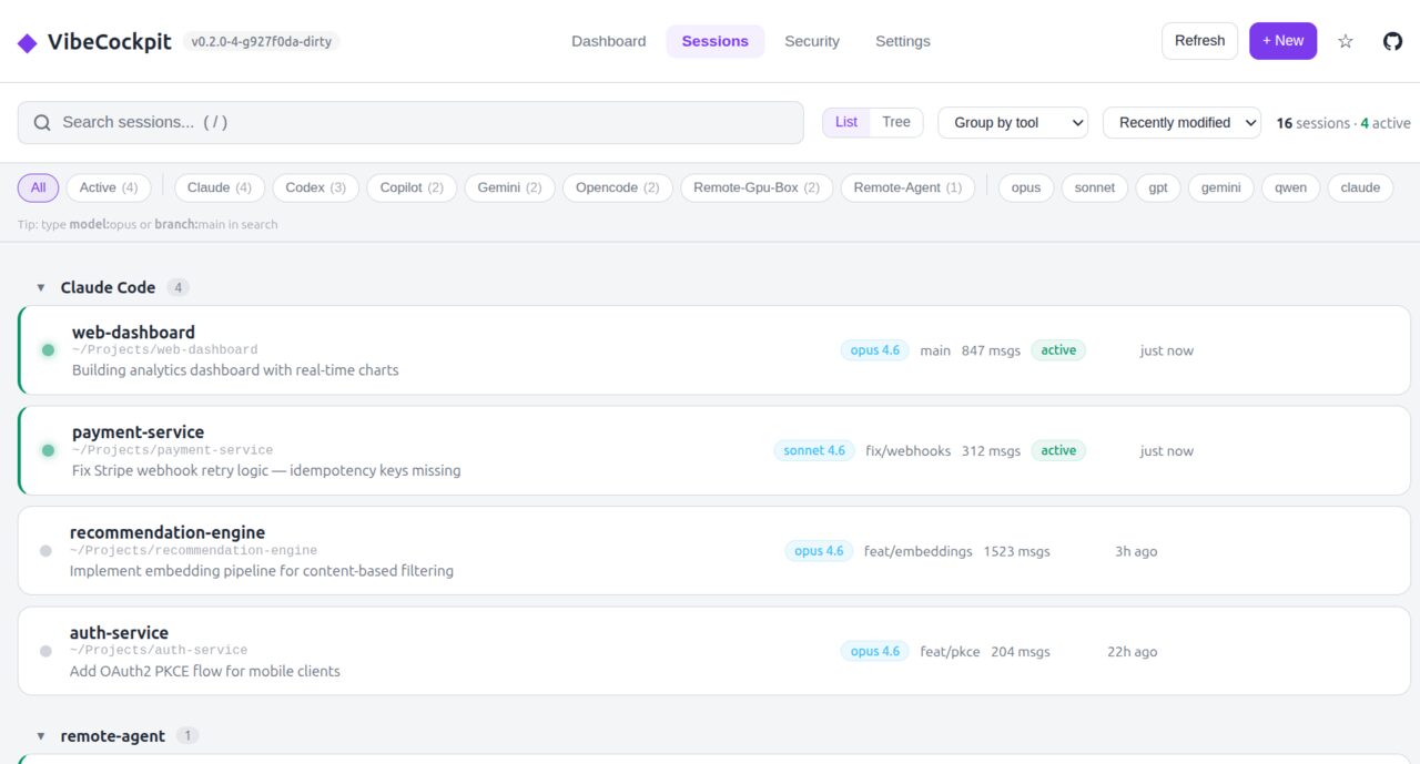 VibeCockpit sessions view with filter chips, search bar, group-by-tool, and active session indicators showing project names, models, branch, and message counts