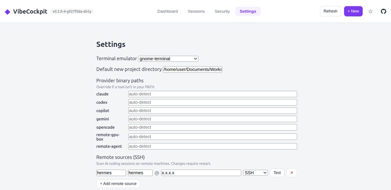 VibeCockpit settings page with terminal emulator selection, provider binary path overrides, and remote SSH source configuration